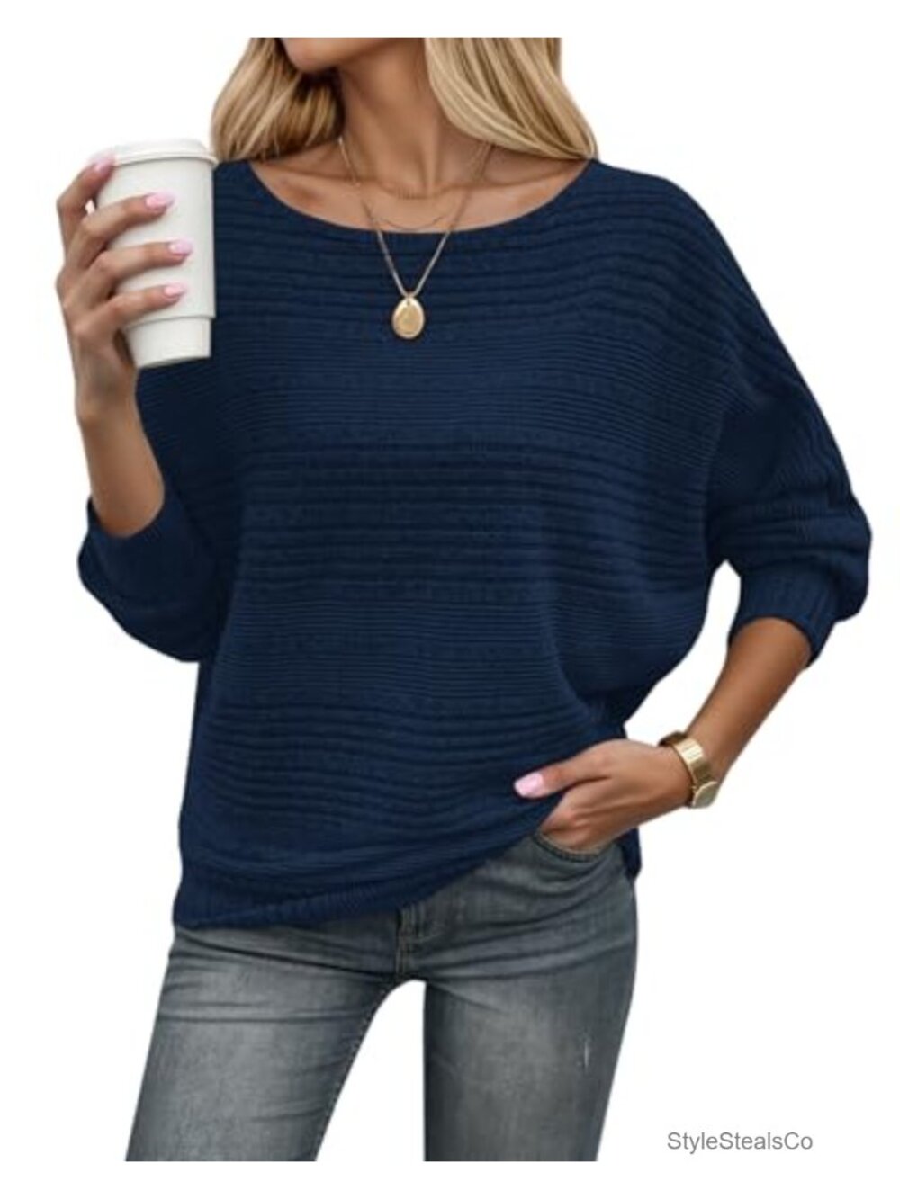 Women's Long Sleeve Ribbed Knit Tunic Top Oversized Batwing Sweater